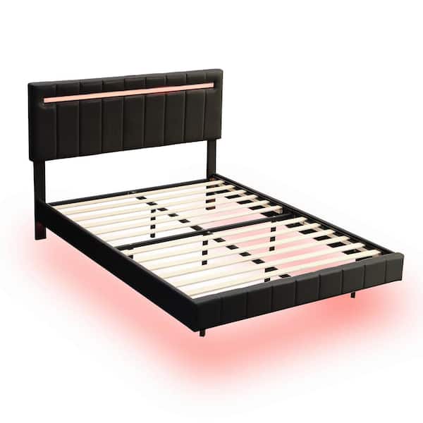 URTR Black Wood Frame Queen Size Floating Platform Bed with USB Charging PU Leather Upholstered Bed with LED Light, Headboard