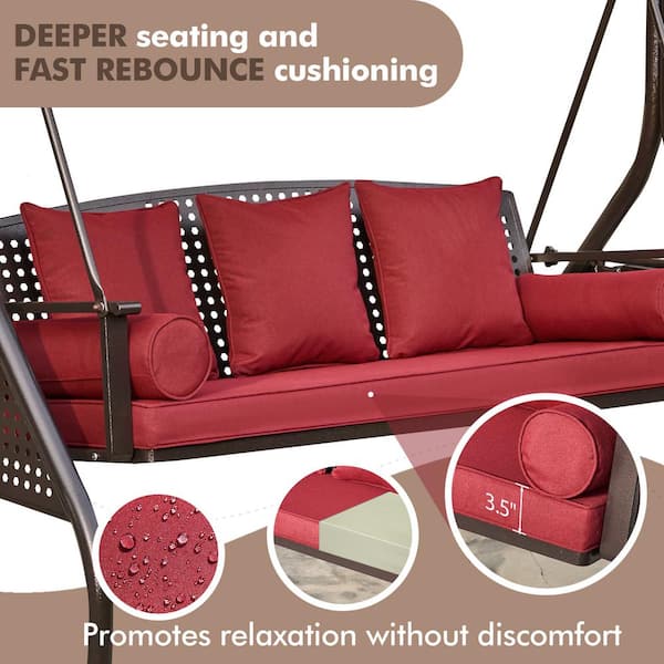Zeus & Ruta Wine Red Seating 3-Person Metal Patio Swing, 3