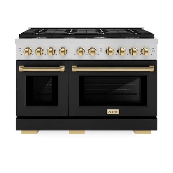 ZLINE Kitchen and Bath Autograph Edition 48 in. 8-Burner Gas Range Double Convection Oven in Stainless Steel, Black Matte and Polished Gold