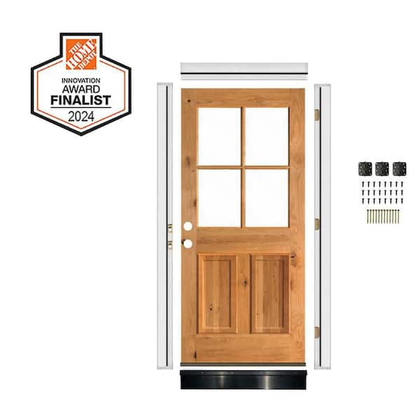 36 in. x 80 in. Right-Hand 4-Lite Clear Glass Clear Stain Knotty Alder Wood Front Door Kit w/ Quick Assemble Jamb