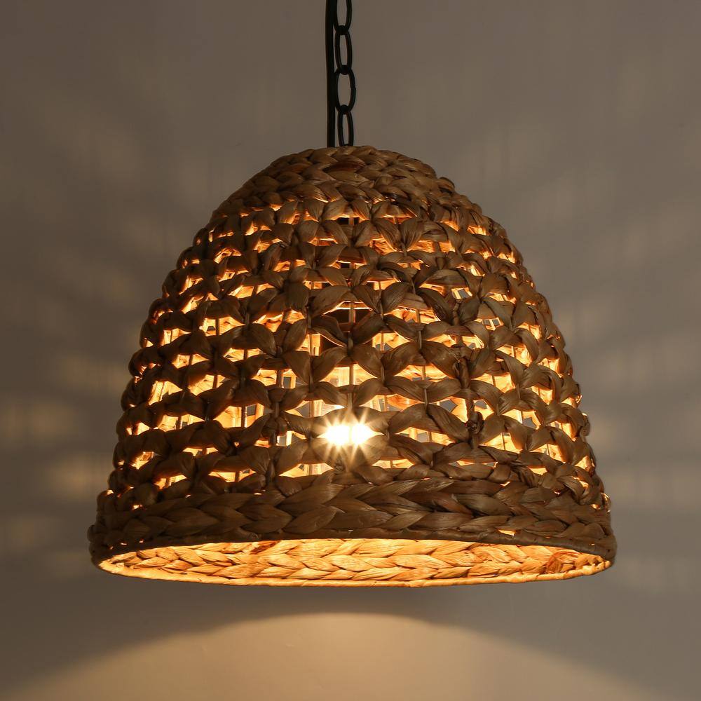 Holophankton 15" Matte Black and Natural Rattan Dome Pendant Light
