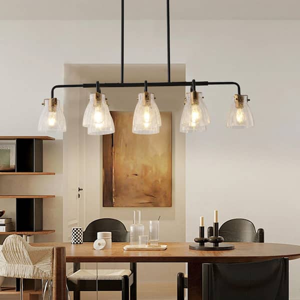 39.37 in. 8-Light Linear Chandeliers Kitchen Island Hanging Lighting Fixtures with Cracked Glass Shades