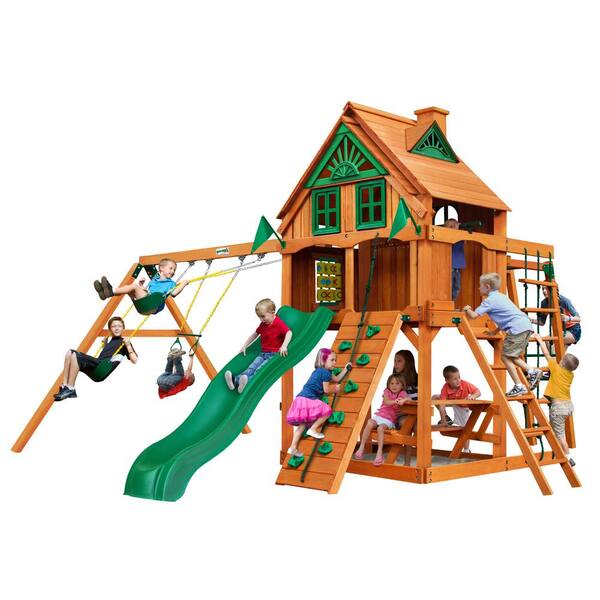 Gorilla Playsets Navigator Treehouse Wooden Swing Set with Fort Add-On and Monkey Bars