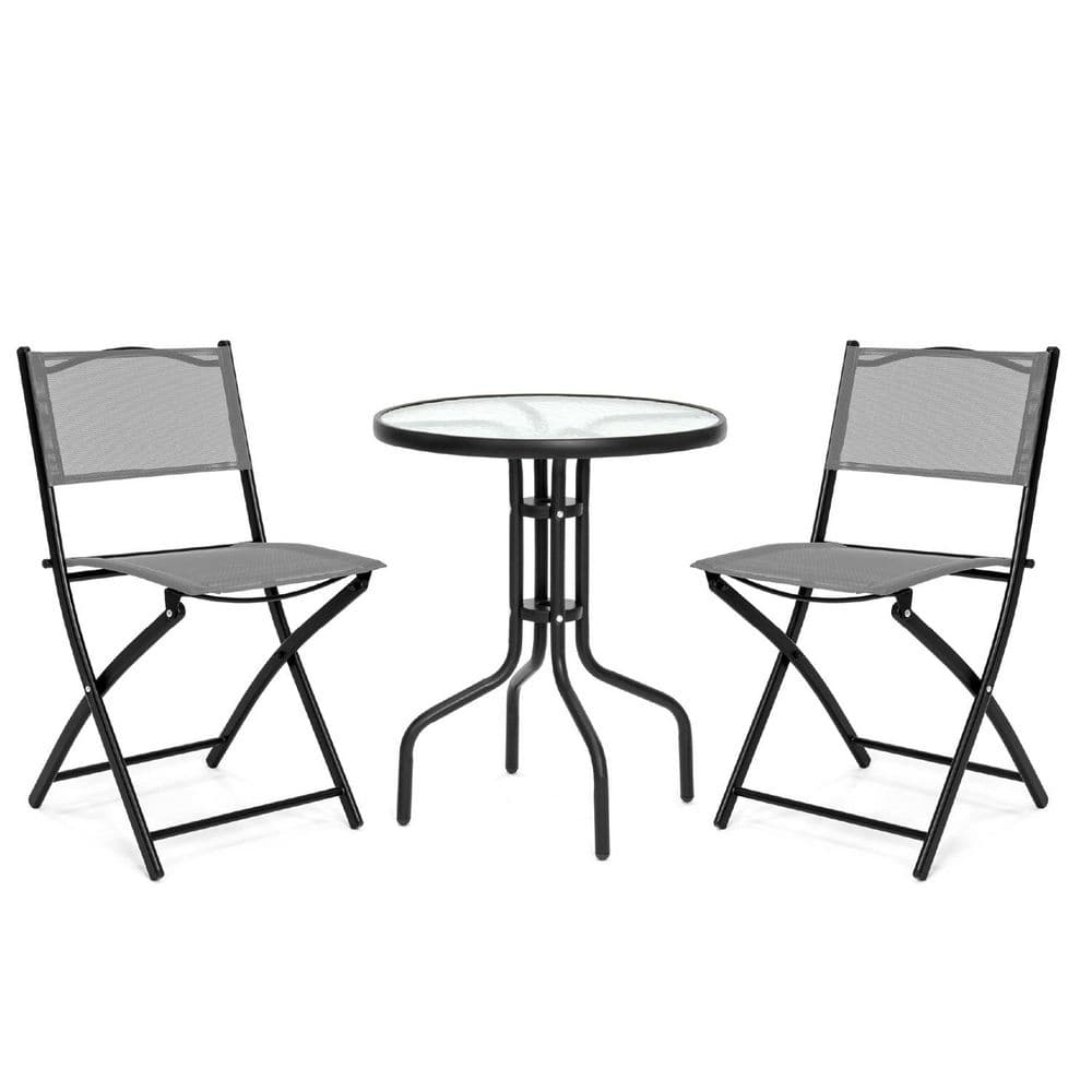 Gray 3-Piece Patio Bistro Set with Glass Tabletop and Folding Chairs