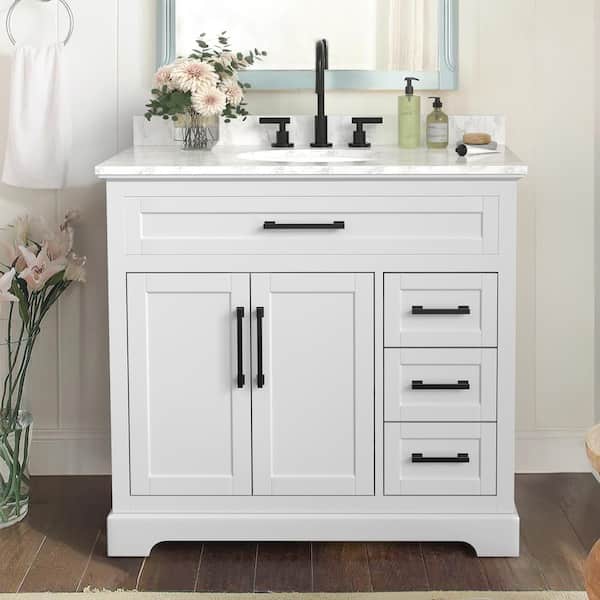 Aweyoto Washington 36 in. W x 21.5 in. D x 35 in. H Single Sink Freestanding Bath Vanity in White with White Carrara Marble Top