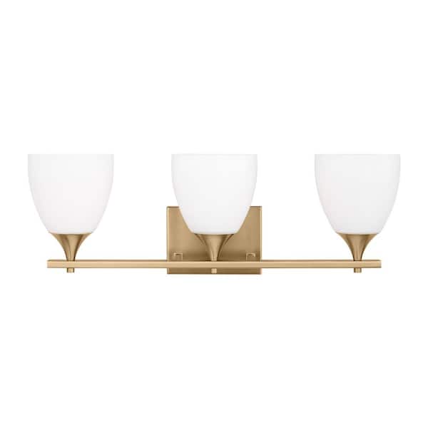 SCOTT LIVING Toffino 26 in. W x 8.875 in. H 3-Light Satin Brass Bathroom Vanity Light with Milk Glass Shades