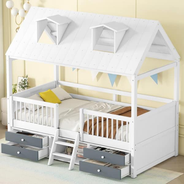 Harper & Bright Designs White Wood Frame Twin Size House Platform Bed ...