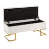 Midas White Velvet and Gold Steel Storage Bench with the lid open.
