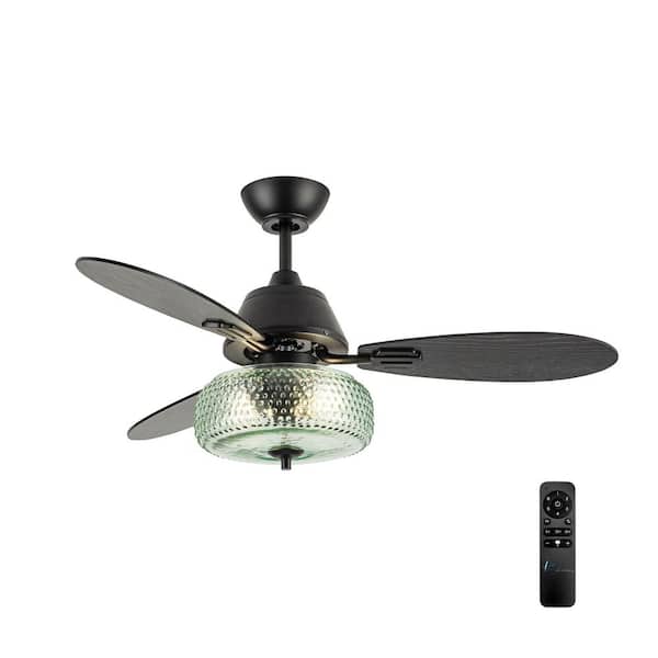 Eloise 42 in. 2-Light Indoor Black Ceiling Fan with Green Glass Globe Shade and Remote Control