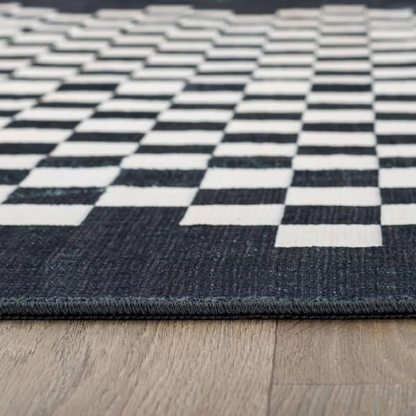 Contemporary Checkered Border Washable Non Slip Black 2 ft. x 8 ft. Runner Rug