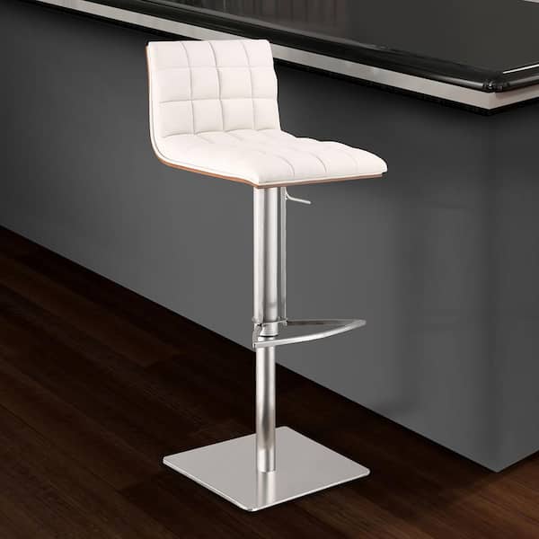 Armen Living Oslo 31 in. White Faux Leather and Brushed Stainless Steel Finish Adjustable Bar Stool