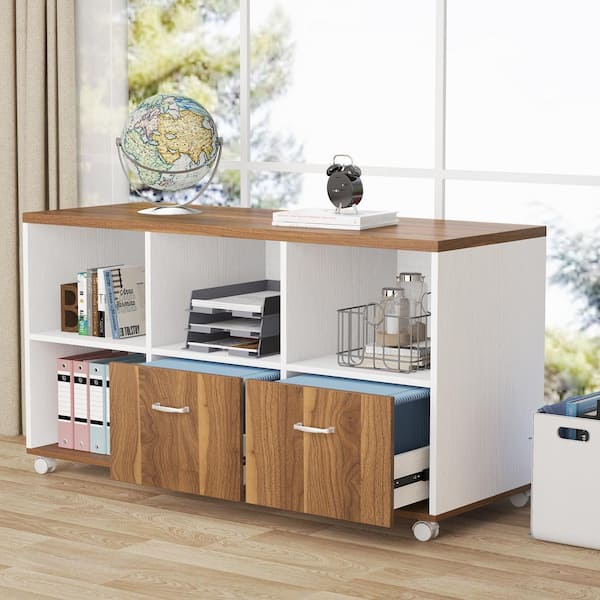 BYBLIGHT Atencio 2-Drawer Brown and White Wood 47.2 in. W Lateral File Cabinet with Storage Shelves
