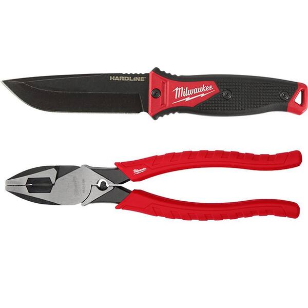 Milwaukee Hardline 5 in. AUS-8 Steel Drop Point Fixed Blade Knife with High Leverage Lineman's Pliers with Crimper (2-Piece)