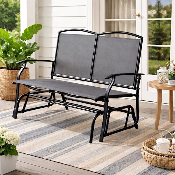 Kaycey 2-Person Outdoor Patio Mixed Grey Mesh Glider Loveseat with Black Powder-Coated Steel Frame