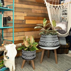 18 in. and 10 in. Black Tribal Fiberglass Plant Pot on Wood Stand Mid-Century Planter (Set of 2)