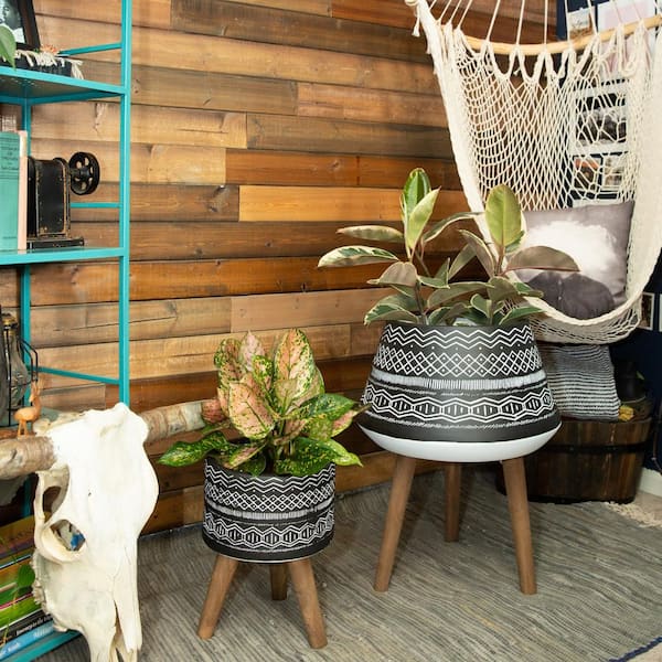 18 in. and 10 in. Black Tribal Fiberglass Plant Pot on Wood Stand Mid-Century Planter (Set of 2)