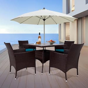 5-Piece Brown Wicker Outdoor Dining Set with Lake Blue Cushions and 1.97 in. Umbrella Hole