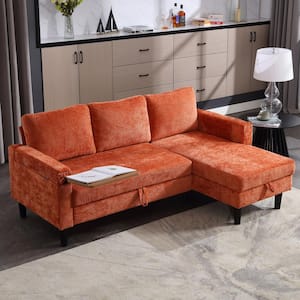 73 in. Modern Orange Chenille Pull Out Sleeper Sectional Sofa Bed with Side Hidden Table and Storage Chaise