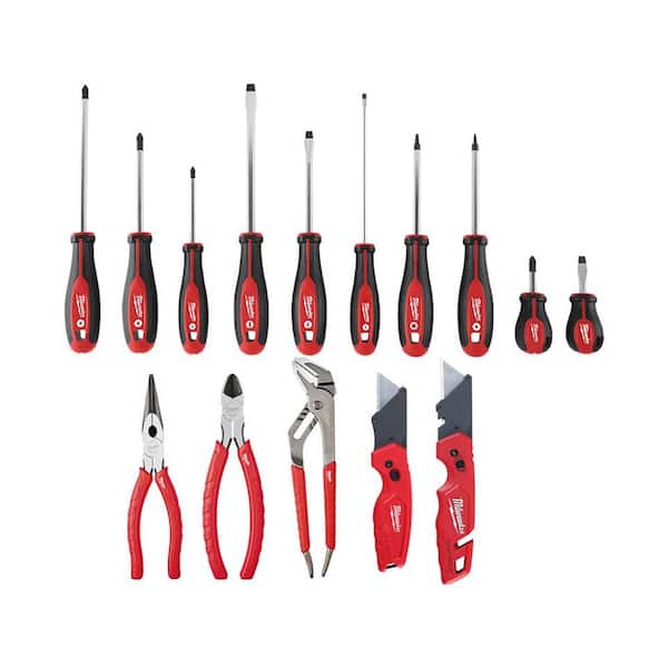 Milwaukee Combination Screwdriver Set with Pliers Kit and FASTBACK Folding Utility Knife Set (15-Piece)