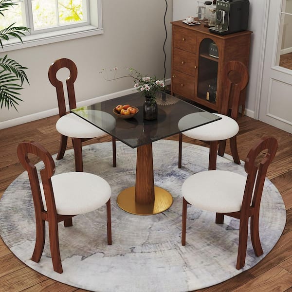 33.46 in. Tempered Glass Top Square Conversation End Table with Solid Wood Base For Apartment, Courtyard, Corner in Gray