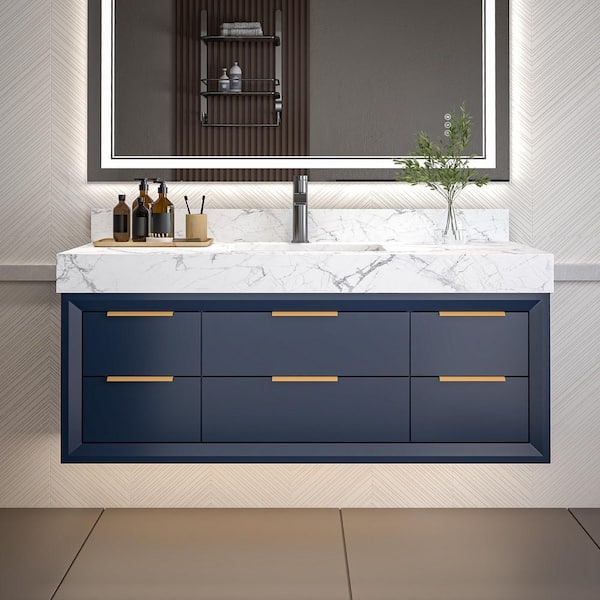 48 in. W x 20.9 in. D x 21.3 in. H Wall Mount Solid Wood Bath Vanity in Blue with White Cultured Marble Top, LED Light