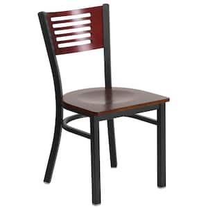 Hercules Series Black Decorative Slat Back Metal Restaurant Chair with Mahogany Wood Back and Seat