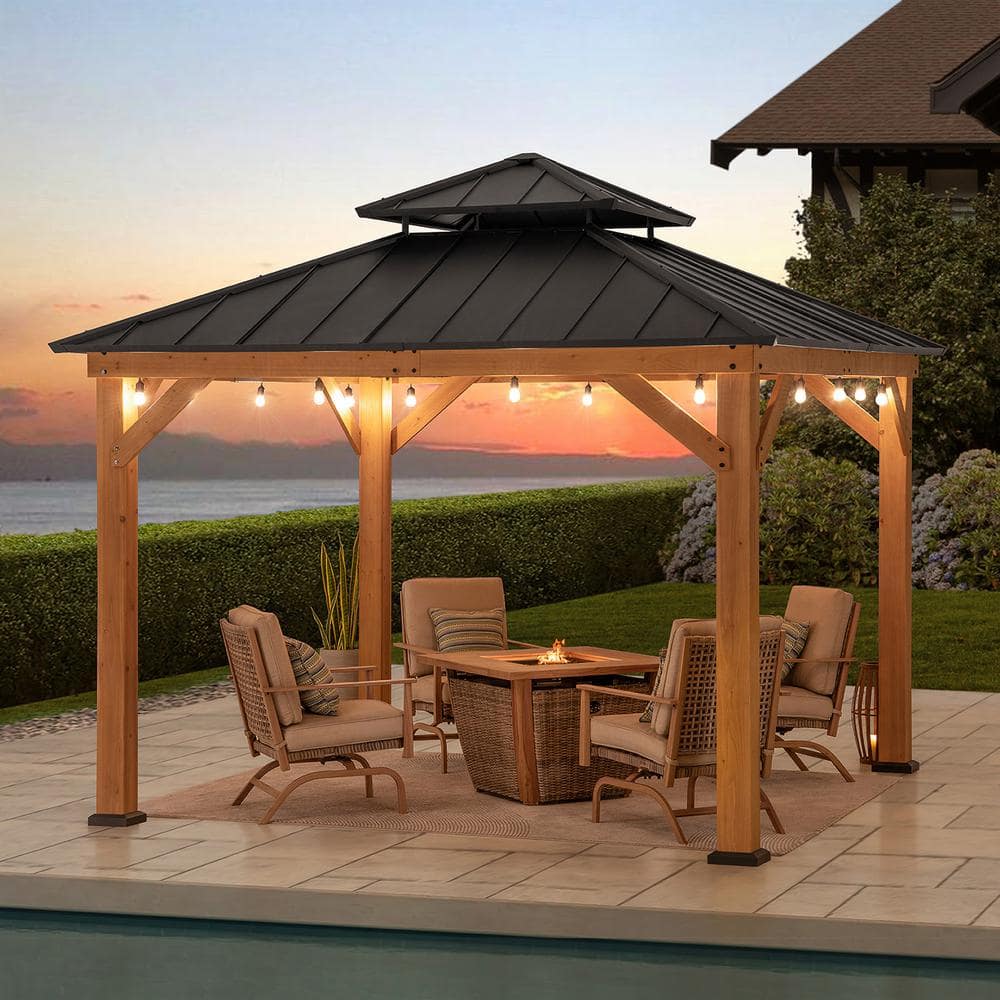 Sunjoy 11 ft. Black Steel Roof Cedar Wood Frame Gazebo
