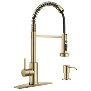 Single Handle Pull Down Sprayer Kitchen Faucet High Arch Kitchen Sink Faucet with Soap Dispenser in Gold