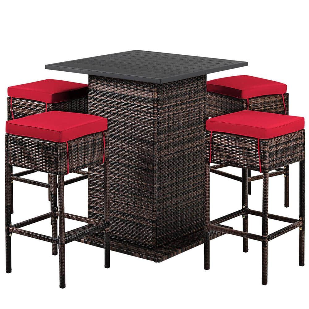 Red Cushioned 5-Piece Brown Wicker Outdoor Bar Set with Storage