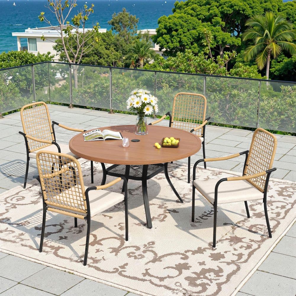 5-Piece Outdoor Dining Set with 40.6 in. Walnut Metal Round Dining Table and 4 Wicker Dining Chairs with Beige Cushions price history on PriceWatchPro