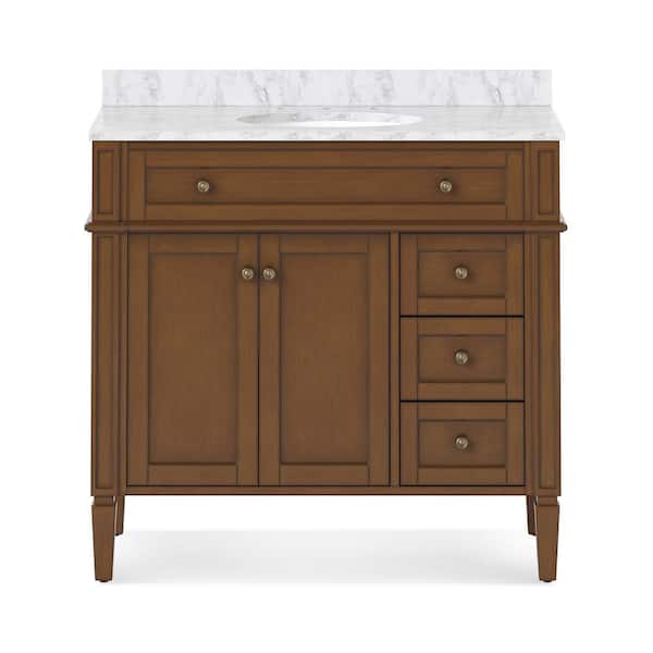 Hampton 36 in. W x 21.5 in. D x 35 in. H Single Sink Freestanding Bath Vanity in Brown with White Carrara Marble Top