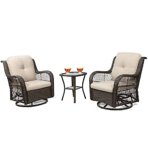 3-Piece Brown Wicker Patio Conversation Set with Beige Cushions Outdoor Swivel Rocking Chairs and Glass Top Table