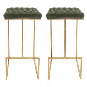 Quincy 29" Quilted Stitched Leather Gold Metal Bar Stool With Footrest Set of 2 in Olive Green