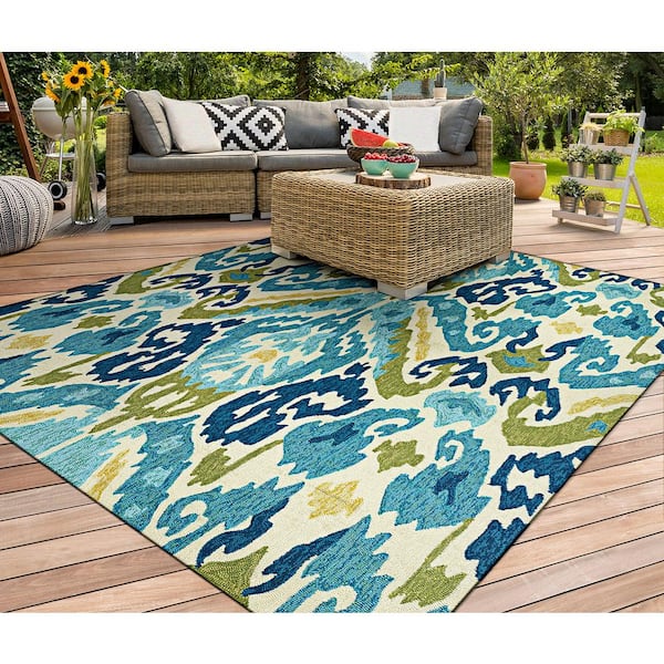 Covington Delfina Azure-Lemon 8 ft. x 8 ft. Round Indoor/Outdoor Area Rug