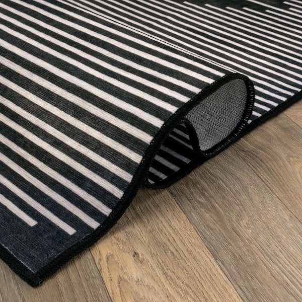 Aztec Stripe Machine Washable Polyester Non-Slip Backing 2 ft. x 8 ft. Black Area Rug