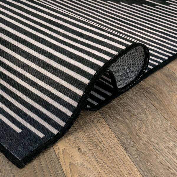 Aztec Stripe Machine Washable Polyester Non-Slip Backing 6 ft. x 9 ft. Black Area Rug