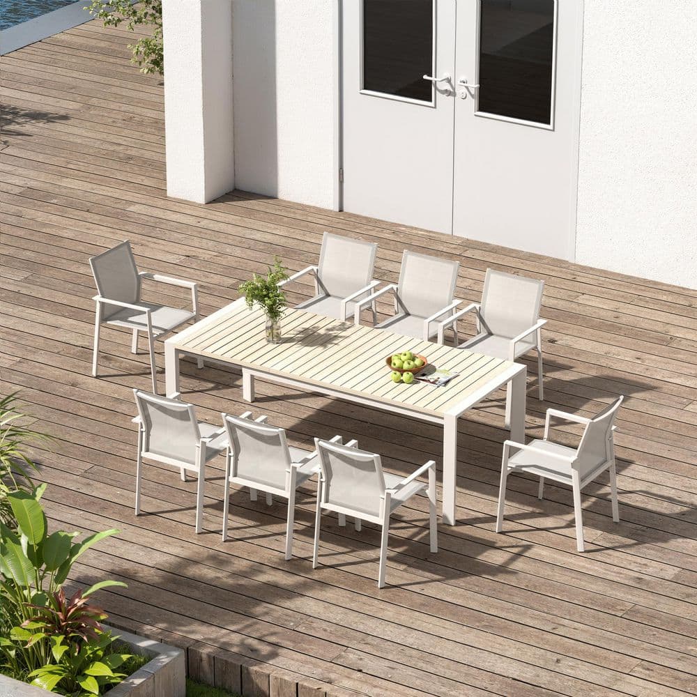Gray 9-Piece Rectangular Aluminum Extendable Dining Table Outdoor Dining Set