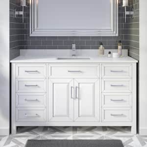 Terrence 60 in. W x 22 in. D Bath Vanity in White ENGRD Stone Vanity Top in White with White Basin Power Bar-Organizer