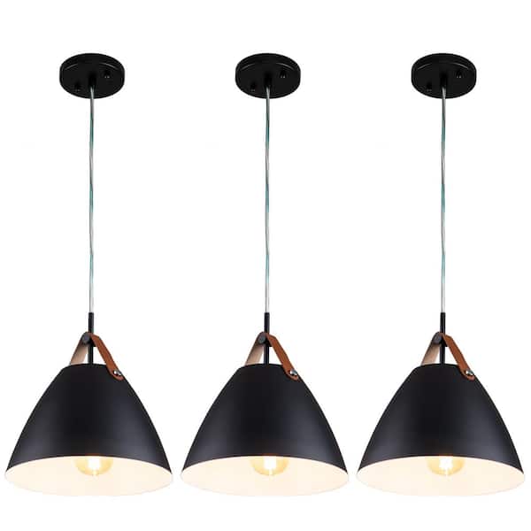 C Cattleya 1-Light Black Outer Whiter Inner Dome Pendant Light with Leather Strap (3-Pack)