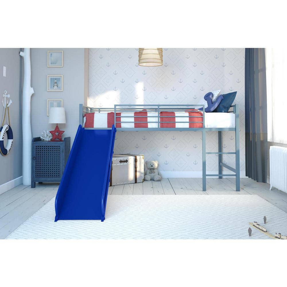 Silver Twin Metal Loft Bed with Blue Slide and Bookcase