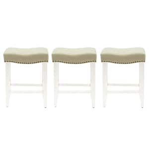 Jameson 24 in. Counter Height Antique White Wood Backless Nailhead Barstool with Beige Linen Saddle Seat Set of 3
