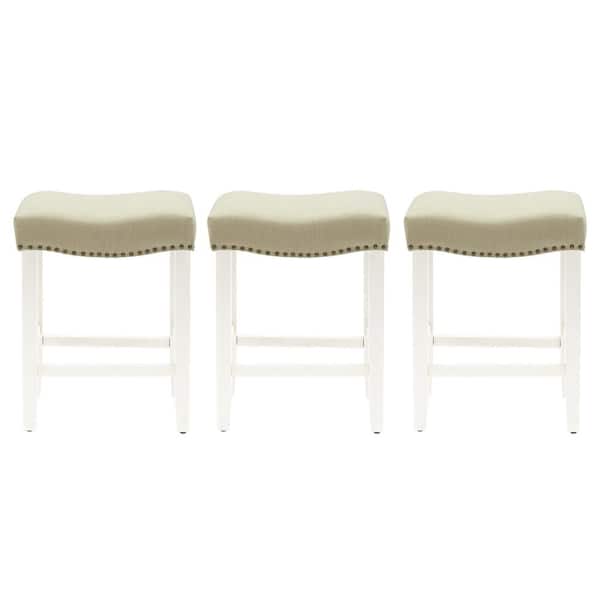 WESTINFURNITURE Jameson 24 in. Counter Height Antique White Wood Backless Nailhead Barstool with Beige Linen Saddle Seat Set of 3