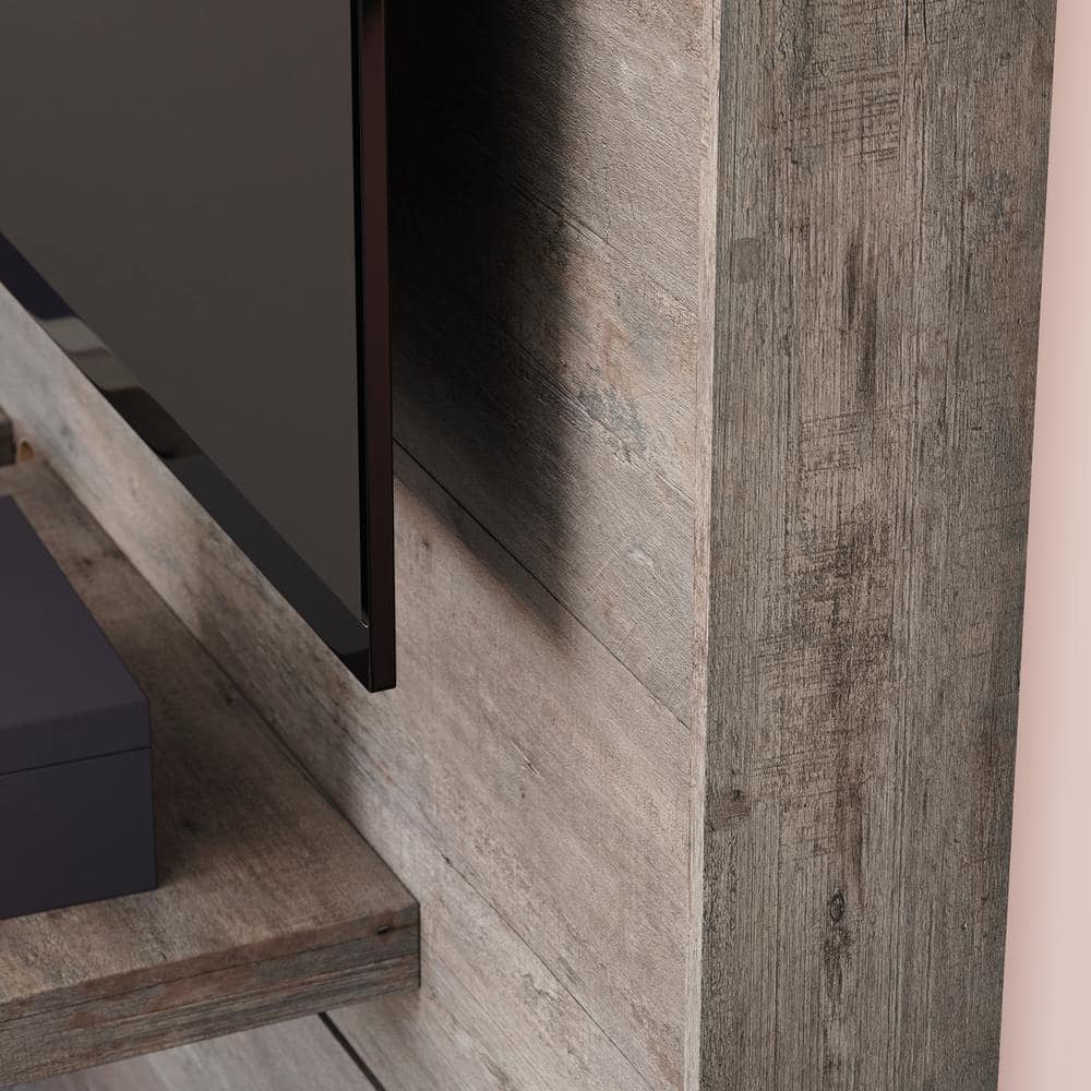 Weathered Wood Entertainment Wall with Floating Shelf and LED Lights