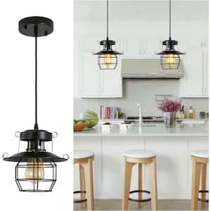1-Light Farmhouse Pendant Light Black Cage Hanging Lamp for Kitchen Island Entryway Bedrooms,Adjustable Height