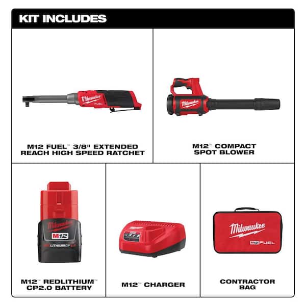 M12 FUEL 12V Lithium-Ion Brushless 3/8 in. Extended Reach High Speed Cordless Ratchet Kit & M12 Right Spot Blower