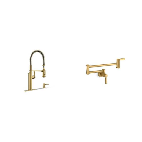 Sous Pro-Style Pull Down Sprayer Kitchen Faucet and Wall Mount Pot Filler in Vibrant Brushed Moderne Brass