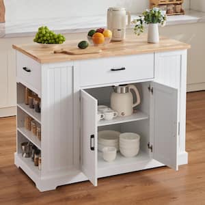 Kitchen Island Cart, Natural Wood Top Breakfast Bar with Table, Drawer, for Dining Kitchen Living Room, White