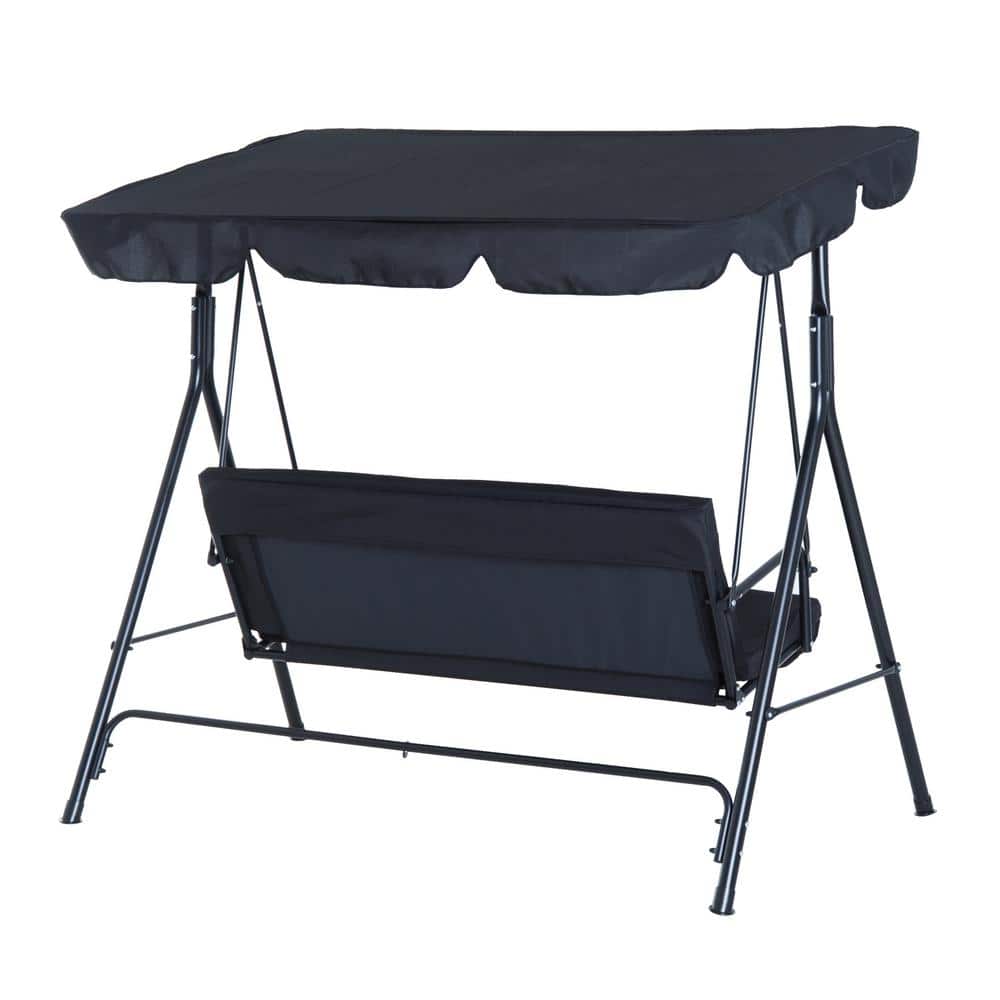 Black Steel Frame 3-Seat Outdoor Patio Swing with Adjustable Canopy