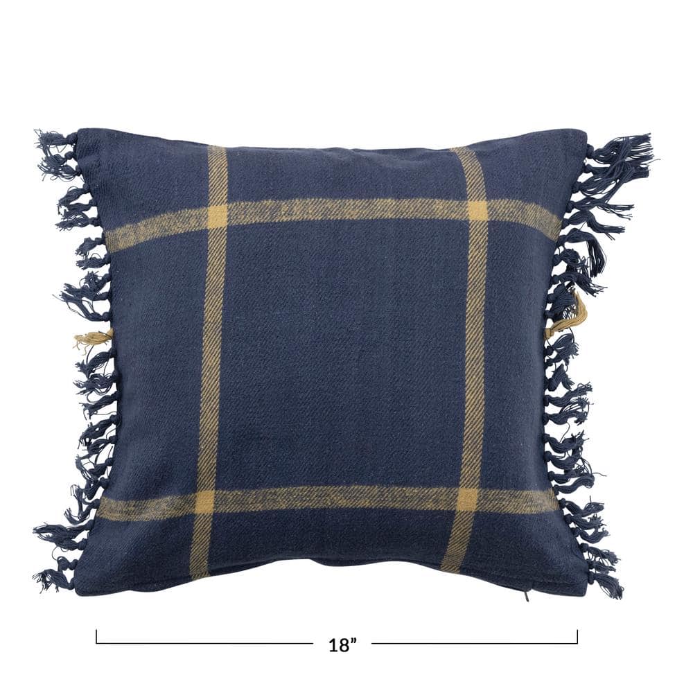 Blue Cotton Flannel Plaid Fringe Throw Pillow, 18" Square