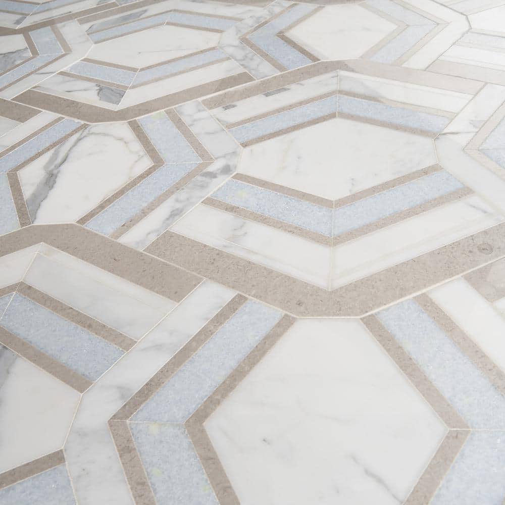 Cream and Blue Geometric Polished Marble Mosaic Tile 11x18
